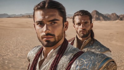 looking at viewer,short hair,brown hair,shirt,black hair,brown eyes,closed mouth,white shirt,upper body,male focus,outdoors,multiple boys,sky,day,2boys,armor,black eyes,facial hair,portrait,beard,mountain,mature male,realistic,mustache,sand,stubble,manly,desert,long hair,blurry,blurry background,scar,shoulder armor,chainmail