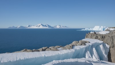 outdoors,sky,day,water,tree,blue sky,no humans,ocean,nature,scenery,snow,ice,rock,mountain,horizon,river,landscape,mountainous horizon,lake,cliff,blue theme