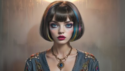 1girl,solo,looking at viewer,blush,short hair,bangs,blue eyes,blonde hair,brown hair,black hair,jewelry,blue hair,collarbone,upper body,multicolored hair,parted lips,teeth,blunt bangs,necklace,two-tone hair,lips,streaked hair,eyelashes,makeup,headphones,bob cut,lipstick,gem,portrait,pendant,eyeshadow,realistic,nose,red lips,eyeliner,mascara,artist name,mole,mole under eye,facial mark,facepaint