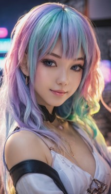 1girl,solo,long hair,breasts,looking at viewer,smile,bangs,blue eyes,cleavage,bare shoulders,jewelry,medium breasts,closed mouth,blue hair,upper body,pink hair,multicolored hair,earrings,choker,necklace,off shoulder,mole,blurry,two-tone hair,lips,looking to the side,grey eyes,eyelashes,gradient hair,blurry background,mole on breast,realistic,purple hair,small breasts,detached sleeves,green hair,depth of field,nose