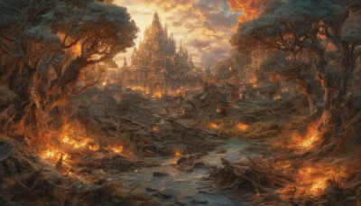 outdoors,sky,cloud,water,tree,cloudy sky,fire,building,nature,scenery,smoke,sunset,city,fantasy,ruins,bare tree,river,castle,landscape,orange theme,burning,molten rock,weapon,sword,no humans,sunlight,1other,forest,watercraft,bridge,tower,ambiguous gender