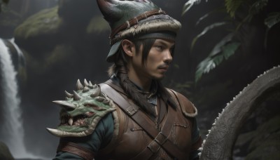 solo,brown hair,black hair,1boy,hat,brown eyes,closed mouth,upper body,braid,male focus,outdoors,water,armor,blurry,blurry background,facial hair,shoulder armor,nature,beard,monster,realistic,mustache,dragon,waterfall,1girl,long hair,weapon,teeth,belt,from side,profile,leaf,helmet,spikes,pauldrons,leather,shoulder pads