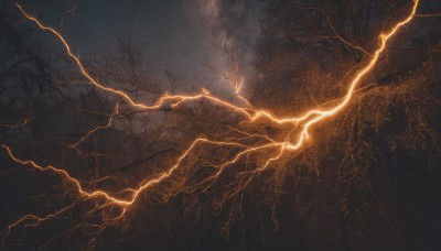 outdoors,sky,cloud,tree,no humans,night,star (sky),nature,night sky,scenery,forest,starry sky,branch,electricity,bare tree,lightning,monochrome,glowing,dark,orange theme