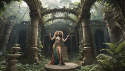 1girl,solo,long hair,breasts,blonde hair,brown hair,dress,bare shoulders,jewelry,standing,ponytail,outdoors,barefoot,arms up,bracelet,tree,bare legs,sunlight,plant,nature,scenery,fantasy,anklet,dancing,ruins,pillar,statue,arch,moss,overgrown,column,from behind,tattoo,leaf