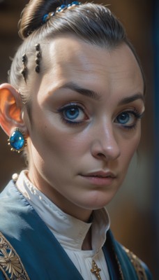 1girl,solo,looking at viewer,blue eyes,shirt,hair ornament,jewelry,white shirt,earrings,parted lips,necklace,hair bun,mole,blurry,lips,eyelashes,mole under eye,blurry background,single hair bun,gem,portrait,freckles,realistic,nose,old,hair pulled back,old woman,black hair,blue gemstone