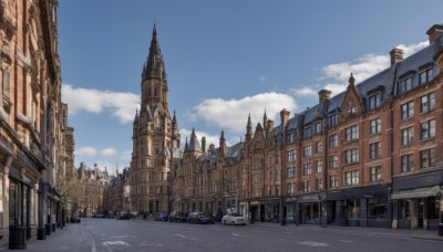 outdoors,sky,day,cloud,tree,blue sky,no humans,window,cloudy sky,ground vehicle,building,scenery,motor vehicle,city,car,road,cityscape,lamppost,street,crosswalk,real world location,signature,clock,architecture,tower,church,people,pavement,clock tower,vanishing point,sidewalk