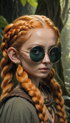 1girl,solo,long hair,breasts,looking at viewer,dress,cleavage,brown eyes,jewelry,upper body,braid,earrings,outdoors,parted lips,glasses,necklace,orange hair,blurry,twin braids,tree,lips,eyelashes,blurry background,sunglasses,forehead,pendant,black-framed eyewear,realistic,nose,round eyewear,multiple braids,blue eyes,brown hair,closed mouth,day,artist name,makeup,leaf,sunlight,gem,portrait,nature,french braid,crown braid,tinted eyewear,yellow-framed eyewear