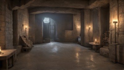 HQ,indoors,water,book,no humans,window,chair,table,fire,scenery,wooden floor,stairs,door,light,lamp,candle,dark,wall,torch,candlestand,fireplace,wooden chair,sword,fantasy,barrel,treasure chest