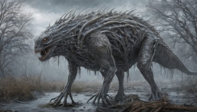 solo,open mouth,red eyes,outdoors,sky,teeth,cloud,tree,no humans,cloudy sky,sharp teeth,claws,snow,monster,bare tree,fog,grey sky,dinosaur,overcast,day,water,from side,saliva,rain,rock,realistic,creature,horror (theme),grey theme