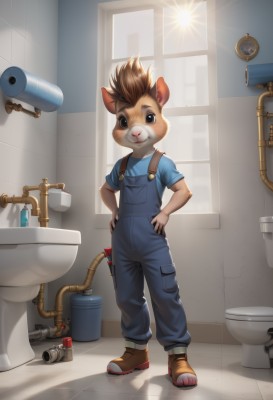 solo,looking at viewer,smile,short hair,blue eyes,brown hair,shirt,1boy,animal ears,standing,tail,full body,short sleeves,male focus,indoors,window,sunlight,blue shirt,child,furry,hands on hips,mouse ears,overalls,furry male,male child,bathroom,mouse,toilet,industrial pipe,faucet,brown eyes,boots,brown footwear,trash can,toothbrush,sink