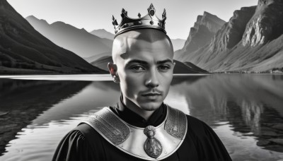 solo,looking at viewer,short hair,1boy,jewelry,closed mouth,monochrome,upper body,weapon,greyscale,male focus,earrings,outdoors,sword,water,armor,facial hair,crown,reflection,spot color,mountain,realistic,bald,lake,cape,portrait