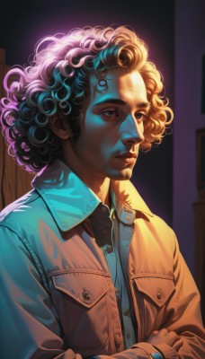 solo,short hair,shirt,long sleeves,1boy,brown eyes,closed mouth,jacket,upper body,male focus,open clothes,collared shirt,artist name,indoors,dark skin,black eyes,lips,looking to the side,buttons,facial hair,crossed arms,dark-skinned male,curly hair,pocket,brown jacket,realistic,nose,unbuttoned,afro,brown hair,blue hair,purple hair,multicolored hair,blue shirt,beard,denim jacket