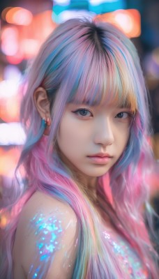 1girl,solo,long hair,looking at viewer,bangs,bare shoulders,brown eyes,jewelry,closed mouth,blue hair,upper body,pink hair,multicolored hair,earrings,blunt bangs,blurry,black eyes,two-tone hair,lips,makeup,depth of field,blurry background,realistic,nose,blue eyes,gradient hair,portrait,bokeh