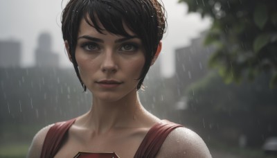 1girl,solo,looking at viewer,smile,short hair,bangs,brown hair,black hair,brown eyes,closed mouth,collarbone,upper body,outdoors,artist name,hair bun,blurry,black eyes,lips,wet,makeup,depth of field,blurry background,portrait,freckles,rain,realistic,nose,wet hair,bare shoulders,eyelashes,water drop