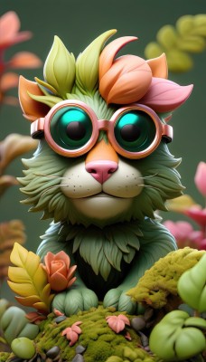 solo,looking at viewer,closed mouth,green eyes,flower,glasses,artist name,blurry,pokemon (creature),no humans,depth of field,blurry background,leaf,grass,plant,goggles,pink flower,freckles,green background,goggles on head,rock,animal focus,outdoors,watermark,sunglasses,facing viewer,web address,straight-on