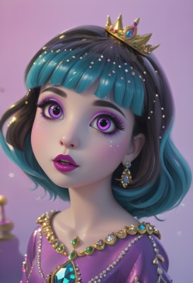 1girl,solo,looking at viewer,smile,short hair,bangs,simple background,black hair,hair ornament,dress,jewelry,blue hair,purple eyes,collarbone,upper body,multicolored hair,earrings,parted lips,teeth,shiny,artist name,blunt bangs,necklace,blurry,two-tone hair,lips,eyelashes,aqua hair,gradient hair,makeup,depth of field,watermark,thick eyebrows,tiara,crown,looking up,lipstick,gem,portrait,web address,purple dress,eyeshadow,freckles,purple background,beads,pink lips,glint,nose,eyeliner,purple lips,gold,blue gemstone,mascara,princess,green gemstone,purple eyeshadow,purple gemstone,brown hair,see-through,blurry background