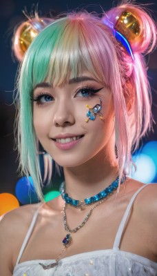 1girl,solo,looking at viewer,smile,short hair,bangs,blue eyes,hair ornament,dress,bare shoulders,jewelry,collarbone,upper body,pink hair,multicolored hair,green hair,teeth,choker,necklace,hair bun,white dress,grin,blurry,two-tone hair,lips,eyelashes,double bun,aqua hair,tattoo,gradient hair,makeup,facial mark,portrait,pendant,realistic,nose,mascara,parted lips,blurry background