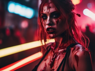 1girl,solo,long hair,breasts,looking at viewer,blue eyes,hair ornament,cleavage,jewelry,upper body,red hair,parted lips,necklace,hair bun,blurry,lips,blood,tattoo,makeup,depth of field,blurry background,tank top,blood on face,realistic,nose,hair stick,blood on clothes,bug,injury