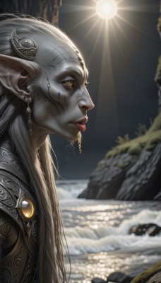 1girl,solo,long hair,jewelry,yellow eyes,upper body,white hair,grey hair,earrings,outdoors,pointy ears,signature,armor,blurry,from side,lips,eyelashes,tattoo,profile,colored skin,chain,facial mark,looking up,elf,gem,realistic,nose,sun,grey skin,long pointy ears,sky,makeup,night,piercing,snow,facepaint,nose piercing