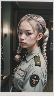 1girl,solo,long hair,looking at viewer,blue eyes,blonde hair,shirt,twintails,jewelry,upper body,braid,earrings,parted lips,collared shirt,belt,indoors,mole,blurry,uniform,black eyes,twin braids,from side,lips,grey eyes,military,military uniform,makeup,blurry background,border,lipstick,white border,freckles,pocket,red lips,stud earrings,lamp,breast pocket,badge,police,police uniform,policewoman,medal,closed mouth,jacket,pink hair,multicolored hair,buttons,forehead,blood on face,realistic,nose,hair tie,dirty,military jacket,dirty face