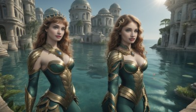 long hair,breasts,looking at viewer,smile,blue eyes,multiple girls,large breasts,brown hair,hair ornament,dress,2girls,cleavage,brown eyes,jewelry,medium breasts,standing,outdoors,detached sleeves,sky,day,water,necklace,armor,tree,lips,siblings,wavy hair,crown,plant,sisters,building,gem,dual persona,reflection,green dress,twins,realistic,fantasy,arms at sides,castle,lake,lily pad,reflective water,blonde hair,gloves,blue sky,bodysuit,sunlight,tiara,shoulder armor,gauntlets,scenery,curly hair,sun,watercraft,green gloves,boat,green bodysuit