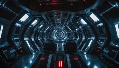 no humans,glowing,from above,robot,scenery,mecha,machinery,science fiction,realistic,space,spacecraft,spacesuit,lights,cockpit,solo,looking at viewer,red eyes,indoors,machine