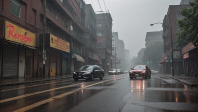 outdoors,sky,cloud,tree,no humans,window,ground vehicle,building,scenery,motor vehicle,reflection,rain,city,sign,car,road,vehicle focus,power lines,lamppost,street,utility pole,road sign,puddle,grey sky,traffic light,sports car,crosswalk,sidewalk,day,cityscape