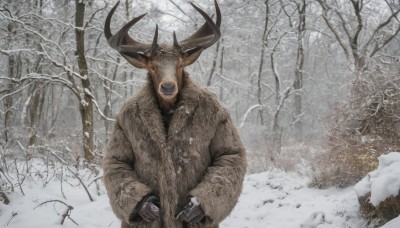 solo,looking at viewer,gloves,long sleeves,1boy,holding,weapon,male focus,outdoors,day,holding weapon,tree,coat,gun,no humans,animal,holding gun,nature,scenery,snow,brown gloves,forest,snowing,antlers,winter,bare tree,deer,open mouth,horns,ring,brown coat,reindeer