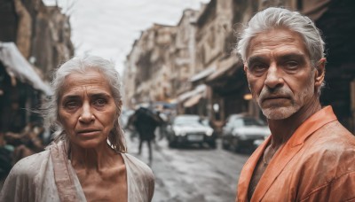 1girl,looking at viewer,1boy,jewelry,closed mouth,upper body,white hair,male focus,outdoors,multiple boys,2boys,necklace,blurry,depth of field,blurry background,facial hair,scar,ground vehicle,motor vehicle,beard,snow,realistic,car,manly,old,old man,old woman,wrinkled skin,smile,collarbone,ponytail,grey hair,japanese clothes,day,kimono,black eyes,grey eyes,expressionless,building,messy hair,portrait,scar on face,mustache,road,street,dougi,blind