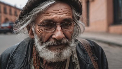 solo,looking at viewer,shirt,1boy,hat,closed mouth,jacket,upper body,white hair,grey hair,male focus,outdoors,glasses,collared shirt,blurry,black jacket,black headwear,depth of field,blurry background,facial hair,ground vehicle,portrait,motor vehicle,beard,black-framed eyewear,cigarette,realistic,round eyewear,mustache,smoking,car,old,old man,wrinkled skin,day,sunglasses,building,smoke,manly,denim jacket