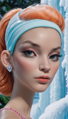 1girl,solo,looking at viewer,blue eyes,bare shoulders,jewelry,hairband,earrings,parted lips,orange hair,blurry,lips,eyelashes,makeup,blurry background,watermark,lipstick,portrait,snow,close-up,eyeshadow,freckles,realistic,nose,red lips,brown hair