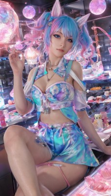 1girl,solo,long hair,breasts,looking at viewer,smile,short hair,bangs,blue eyes,skirt,hair ornament,navel,animal ears,cleavage,bare shoulders,twintails,jewelry,medium breasts,sitting,blue hair,pink hair,thighs,multicolored hair,parted lips,food,shorts,midriff,shiny,artist name,indoors,cat ears,hand up,necklace,stomach,nail polish,two-tone hair,lips,blue skirt,streaked hair,crop top,tattoo,gradient hair,makeup,thigh strap,feet out of frame,table,crossed legs,bottle,short twintails,blue nails,realistic,large breasts,purple hair,head tilt,short shorts,arm support,watermark,pink nails,leg tattoo