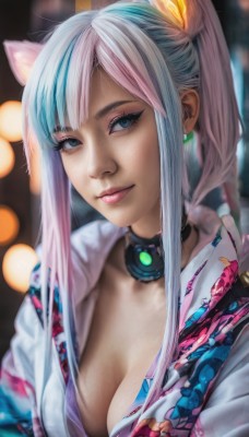 1girl,solo,long hair,breasts,looking at viewer,smile,bangs,blue eyes,animal ears,cleavage,jewelry,medium breasts,closed mouth,blue hair,jacket,upper body,ponytail,pink hair,white hair,sidelocks,multicolored hair,earrings,open clothes,choker,cat ears,blurry,two-tone hair,lips,streaked hair,eyelashes,makeup,depth of field,blurry background,realistic,nose,cyberpunk,twintails,artist name,collar,freckles,bokeh