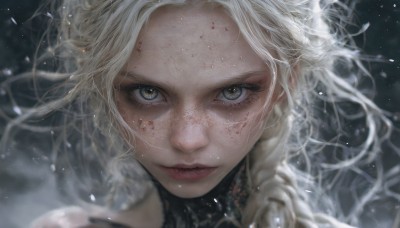 1girl,solo,long hair,looking at viewer,blonde hair,closed mouth,braid,white hair,blurry,lips,grey eyes,eyelashes,blood,depth of field,blurry background,portrait,snow,close-up,freckles,blood on face,snowing,realistic,straight-on,floating hair,wind,messy hair,forehead,serious,injury,nose,dirty