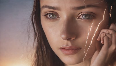 1girl,solo,long hair,looking at viewer,blue eyes,brown hair,black hair,closed mouth,lips,grey eyes,eyelashes,portrait,close-up,freckles,reflection,realistic,nose,electricity,lightning,eye focus,expressionless,serious