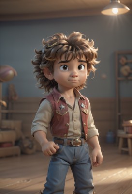 solo,looking at viewer,smile,short hair,brown hair,shirt,1boy,brown eyes,closed mouth,standing,white shirt,male focus,boots,belt,pants,indoors,signature,star (symbol),blurry,vest,blurry background,stuffed toy,denim,messy hair,child,clenched hands,jeans,red vest,lamp,male child,brown vest,sleeves rolled up,realistic