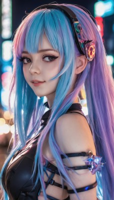 1girl,solo,long hair,breasts,looking at viewer,smile,bangs,bare shoulders,brown eyes,medium breasts,blue hair,upper body,pink hair,purple hair,multicolored hair,hairband,parted lips,blunt bangs,blurry,black eyes,from side,two-tone hair,lips,looking to the side,depth of field,blurry background,realistic,nose,arm strap,sidelocks,sleeveless,eyelashes,headphones,watermark,bokeh