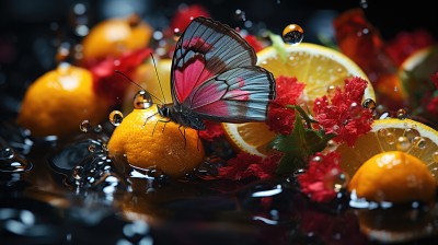 flower,food,signature,water,blurry,no humans,fruit,depth of field,blurry background,leaf,bug,butterfly,blurry foreground,water drop,orange (fruit),food focus,lemon,still life,lemon slice,orange slice,wings,pokemon (creature),realistic,antennae,animal focus,orange theme,honey