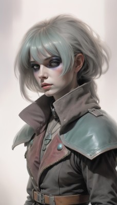 1girl,solo,looking at viewer,short hair,bangs,blue eyes,simple background,white background,jewelry,green eyes,jacket,upper body,grey hair,parted lips,belt,necklace,armor,lips,grey eyes,makeup,shoulder armor,zipper,pauldrons,high collar,realistic,shoulder pads,long hair,blush,brown eyes,coat,buckle,pendant,nose,leather