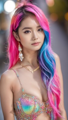 1girl,solo,long hair,breasts,looking at viewer,smile,blue eyes,black hair,cleavage,bare shoulders,brown eyes,jewelry,medium breasts,closed mouth,underwear,blue hair,collarbone,swimsuit,upper body,pink hair,bikini,multicolored hair,earrings,small breasts,artist name,necklace,bra,blurry,two-tone hair,lips,eyelashes,makeup,depth of field,blurry background,watermark,light smile,gem,web address,multicolored clothes,eyeshadow,pink lips,realistic,nose,bokeh,mascara,multicolored bikini,scar