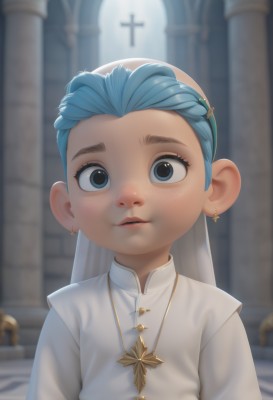 1girl,solo,looking at viewer,blue eyes,hair ornament,dress,jewelry,blue hair,upper body,hairband,earrings,parted lips,artist name,indoors,necklace,white dress,blurry,lips,depth of field,blurry background,cross,child,veil,forehead,freckles,female child,nun,cross necklace,latin cross,church,long hair,braid,hairclip,pillar,cross earrings