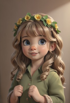 1girl,solo,long hair,looking at viewer,blush,smile,bangs,blue eyes,blonde hair,brown hair,shirt,hair ornament,long sleeves,upper body,flower,parted lips,teeth,hair flower,lips,coat,fur trim,buttons,drill hair,freckles,brown background,curly hair,realistic,nose,green shirt,female child,head wreath,open mouth,simple background,collared shirt,artist name,eyelashes,leaf,thick eyebrows,child,clenched hands