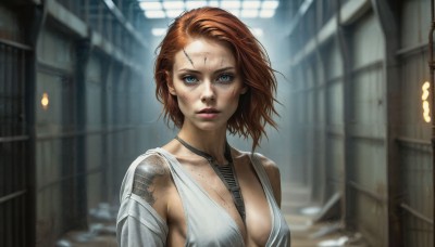 HQ,1girl,solo,breasts,looking at viewer,short hair,blue eyes,brown hair,dress,cleavage,medium breasts,upper body,parted lips,white dress,blurry,lips,tattoo,blurry background,between breasts,forehead,freckles,science fiction,realistic,cyborg,dirty,jewelry,collarbone,red hair,necklace,orange hair,sunlight,light,cyberpunk