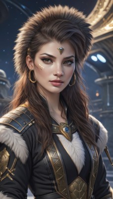 1girl,solo,long hair,breasts,looking at viewer,brown hair,brown eyes,jewelry,closed mouth,upper body,earrings,blurry,lips,fur trim,eyelashes,makeup,night,blurry background,facial mark,gem,freckles,hoop earrings,nose,eyeliner,jacket,artist name,necklace,armor,star (sky),eyeshadow,realistic,facepaint,forehead jewel