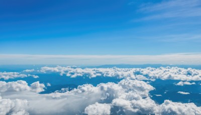 monochrome,outdoors,sky,day,cloud,water,blue sky,no humans,bird,ocean,cloudy sky,scenery,blue theme,horizon,landscape,above clouds