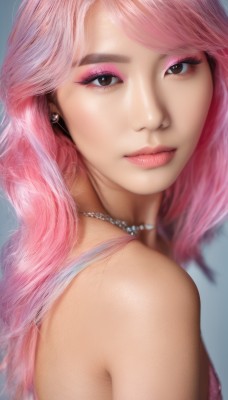 1girl,solo,long hair,looking at viewer,bangs,simple background,bare shoulders,brown eyes,jewelry,closed mouth,upper body,pink hair,multicolored hair,earrings,necklace,black eyes,lips,eyelashes,makeup,swept bangs,lipstick,portrait,eyeshadow,realistic,nose,eyeliner,pearl necklace,mascara,blue background