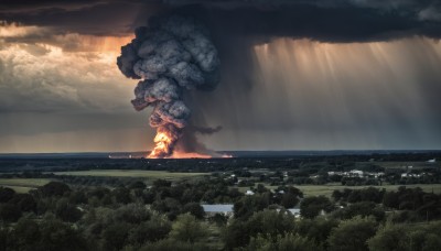 solo,outdoors,sky,cloud,water,armor,tree,no humans,ocean,sunlight,cloudy sky,fire,nature,scenery,forest,mountain,giant,river,landscape,smoke,city,horizon