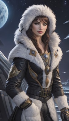 1girl,solo,long hair,looking at viewer,bangs,brown hair,gloves,long sleeves,brown eyes,jewelry,standing,weapon,cowboy shot,outdoors,sky,black gloves,belt,pants,hood,necklace,lips,coat,fur trim,makeup,night,watermark,black pants,moon,lipstick,brooch,gem,star (sky),night sky,snow,full moon,pendant,hood up,starry sky,hand in pocket,black coat,snowing,nose,winter clothes,red lips,winter,fur-trimmed coat,hooded coat,winter coat,fur-trimmed hood,parka,braid,artist name,twin braids,realistic