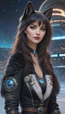 1girl,solo,long hair,breasts,looking at viewer,bangs,brown hair,black hair,long sleeves,animal ears,cleavage,brown eyes,jewelry,medium breasts,jacket,upper body,earrings,parted lips,choker,belt,artist name,cat ears,necklace,mole,blurry,lips,fur trim,makeup,blurry background,gem,pendant,realistic,nose,red lips,large breasts,signature,coat,black jacket,eyelashes,black choker,wolf ears,lipstick,buckle,fur collar,leather,badge