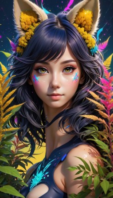 1girl,solo,long hair,breasts,looking at viewer,bangs,black hair,hair ornament,animal ears,bare shoulders,brown eyes,medium breasts,closed mouth,yellow eyes,upper body,flower,sleeveless,artist name,hair flower,lips,animal ear fluff,fox ears,clothing cutout,eyelashes,makeup,leaf,watermark,facial mark,plant,portrait,star (sky),eyeshadow,freckles,pink lips,nose,facepaint,mascara,shirt,cleavage,from side,sleeveless shirt,swept bangs,cleavage cutout,blue shirt,yellow flower